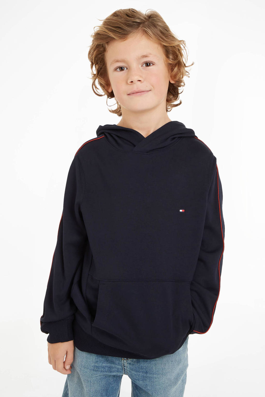 Tommy Hilfiger hoodie met contrastbies donkerblauw/rood