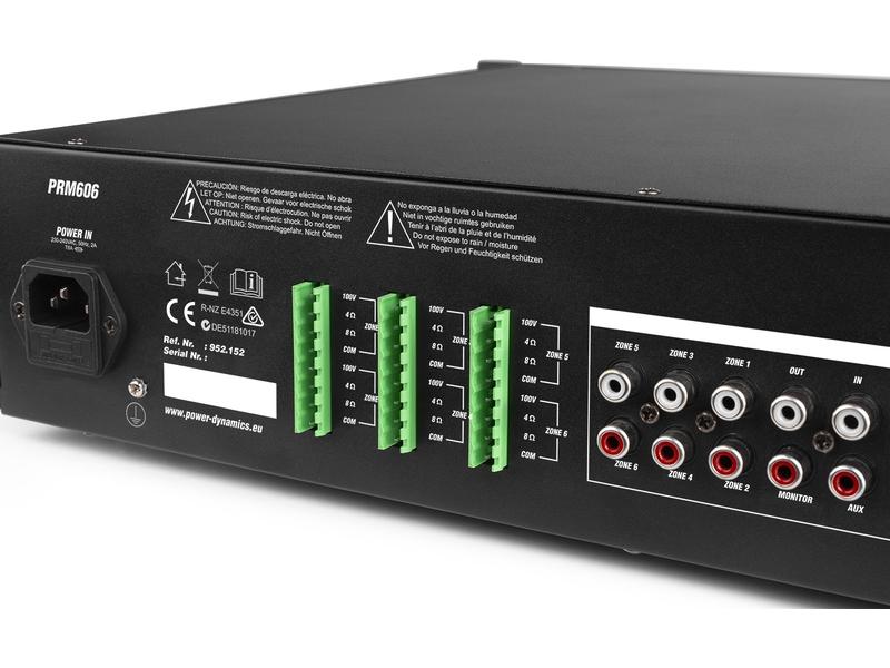 Power Dynamics Verstärker Pro PRM606 100 V, 6x 60 W 6-Kanal Verstärker mit Bluetooth, MP3-Player, Mikrofoneingang und verstellbarer Ausgangsleistung