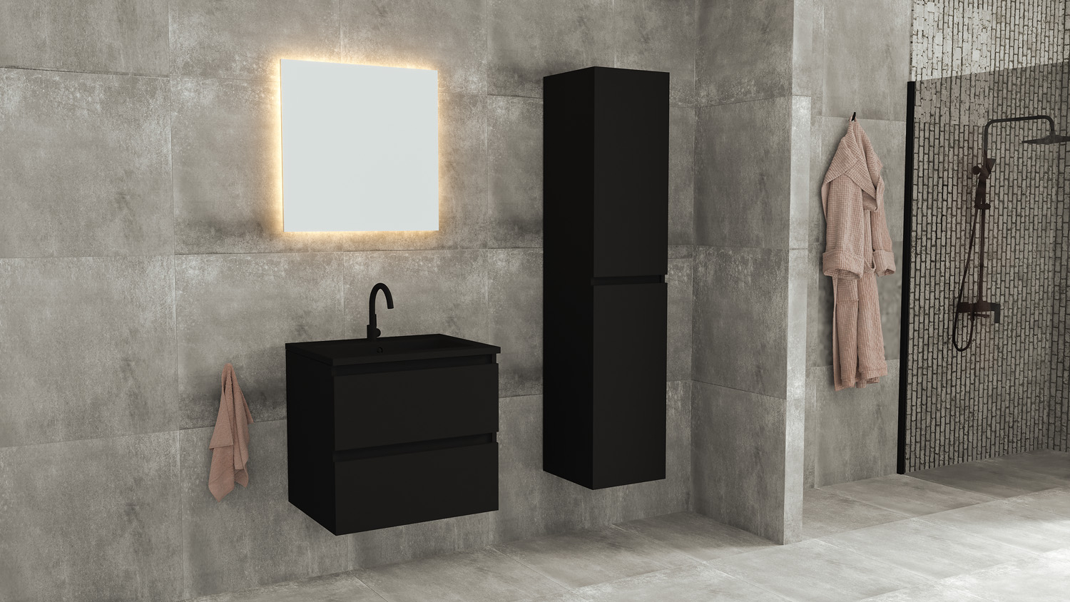 Fontana Rovigo badmeubel 60cm met zwarte wastafel en kraangat zwart mat