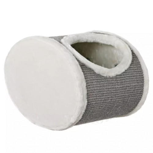 Cama/caverna para gatos de parede em tons de creme e cinza.