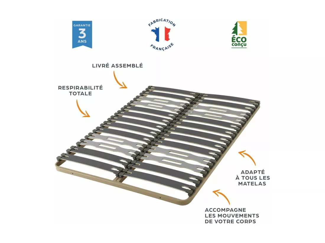 Sommier à lattes + pieds 80x190 C413 - 13 lattes bois - Fabrication française