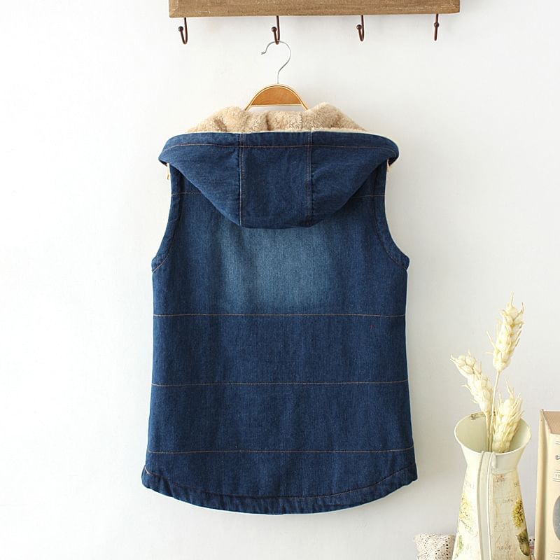 Angel Love - Fleecegevoerd denim vest met capuchon en knopen