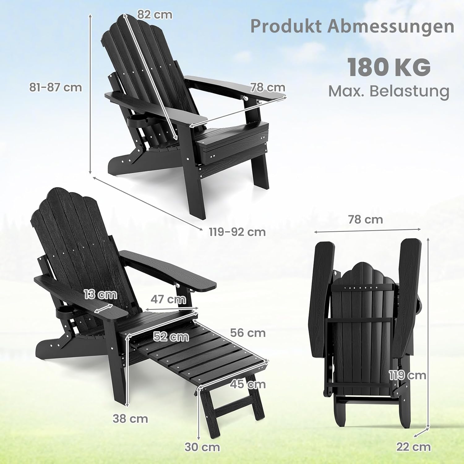 COSTWAY Klappbarer Adirondack Stuhl mit Fußstütze & Verstellbarer Rückenlehne, wetterfester Adirondack Chair aus Kunststoff, Gartensessel mit Getränkehalter für Garten, Terrasse, 180 kg Tragfähigkeit