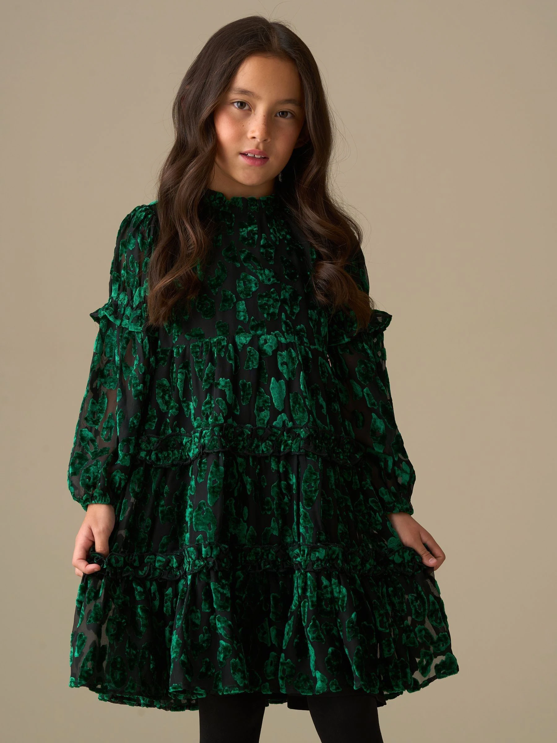 Groen - Angel & Rocket Poppy Devore Velvet Tiered Dress