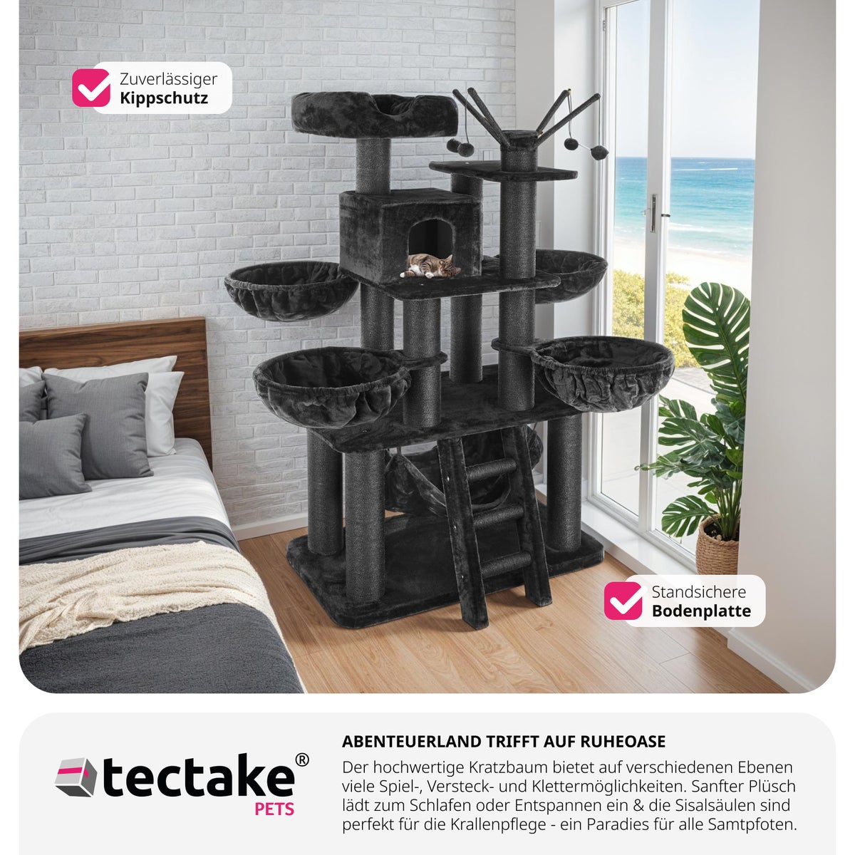 tectake Gismo 195 cm kattenboom inclusief trap, 4 speelballen en anti-kantelvoorziening
