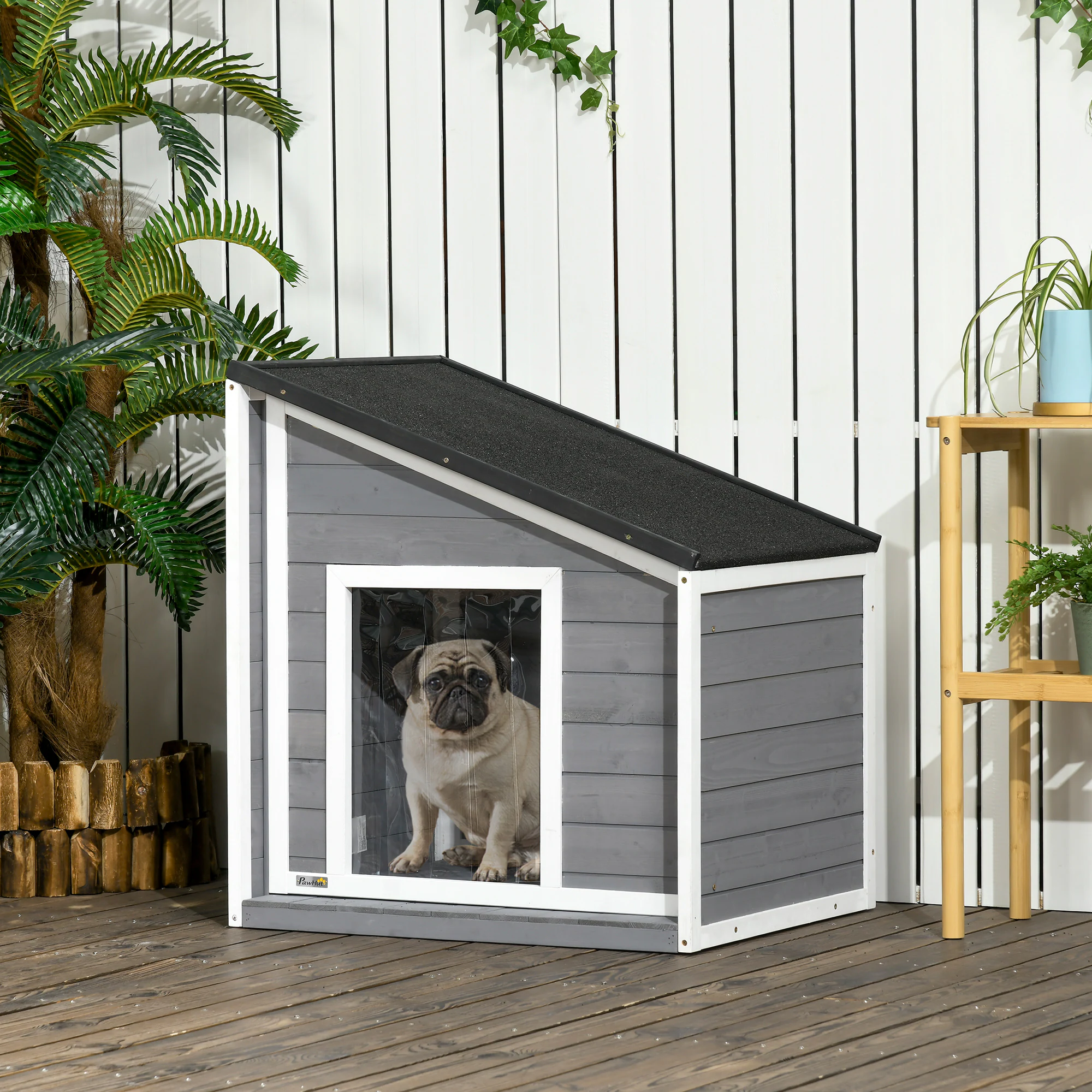PawHut Hundehütte mit zu öffnendem Schrägasphaltdach grau, weiß 71L x 58B x 53-77H cm