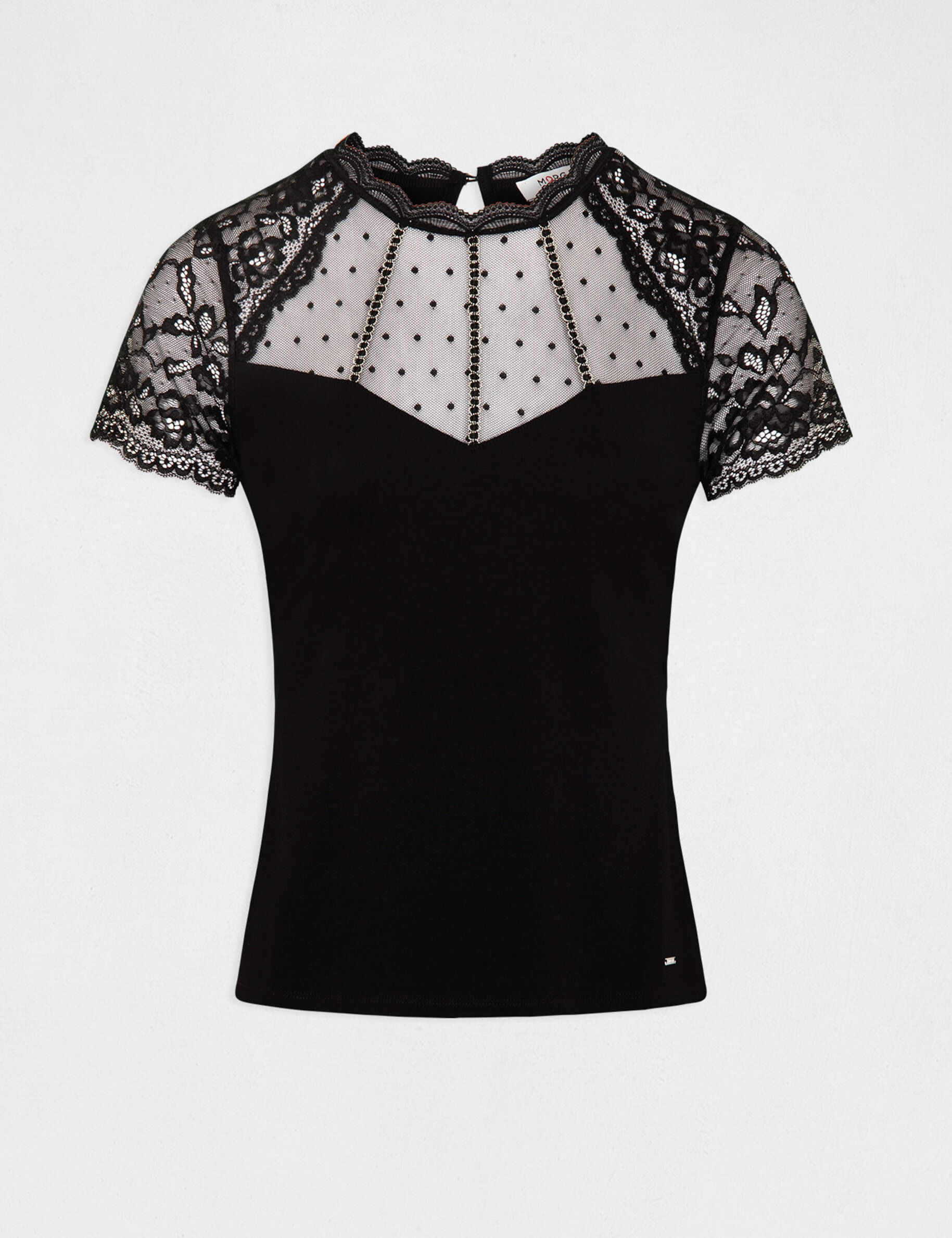T-shirt manches courtes avec dentelle noir femme - noir