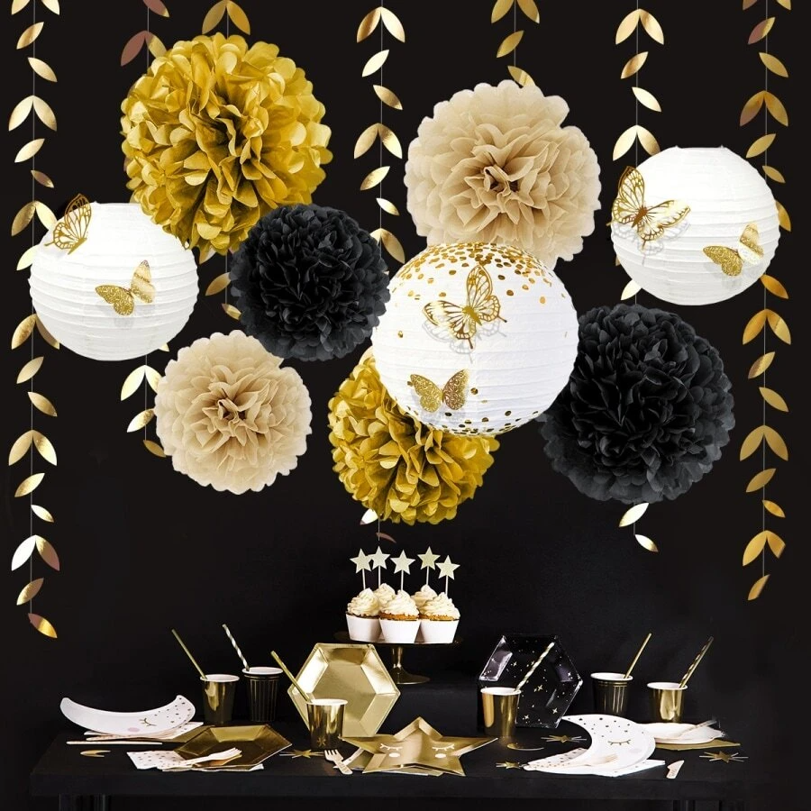 (22-tlg. Set) Papier Lampions Party Deko Pompon's / Blätter Girlande / 3D Schmetterling Sticker - Schwarz / Gold / Weiss