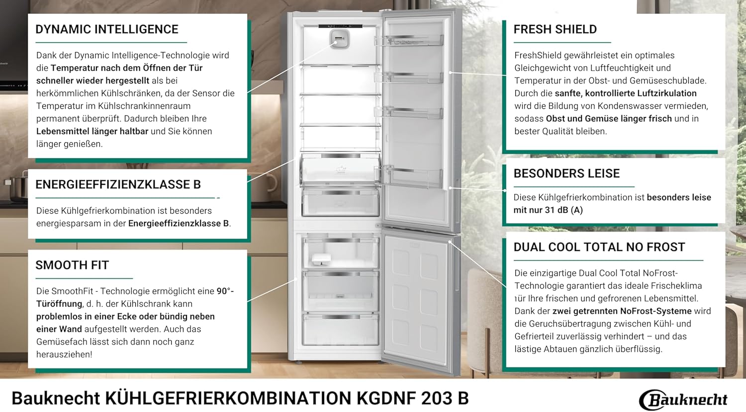 Bauknecht KGDNF 203 B/Freistehende Kühl- Gefrierkombination/Dynamic Intelligence/Dual Cool Total NoFrost/EEK B/Smooth Fit/EvenFlow/FreshShield/ 25 Years Compressor Lifetime Tested by VDE