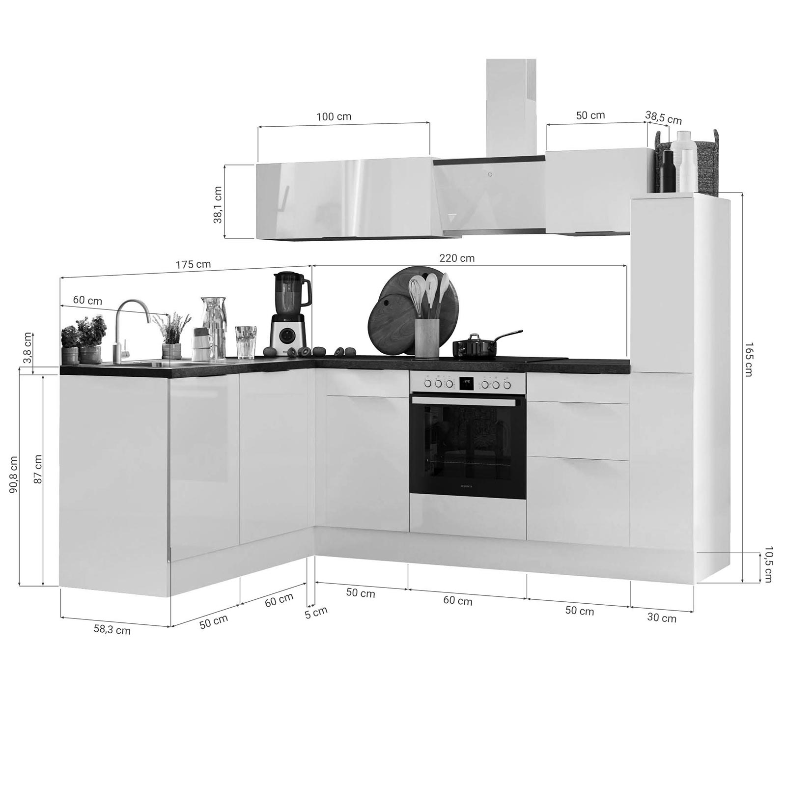 RESPEKTA Winkelküche - Artisan Eiche - grau matt - mit E-Geräten - 250x175 cm