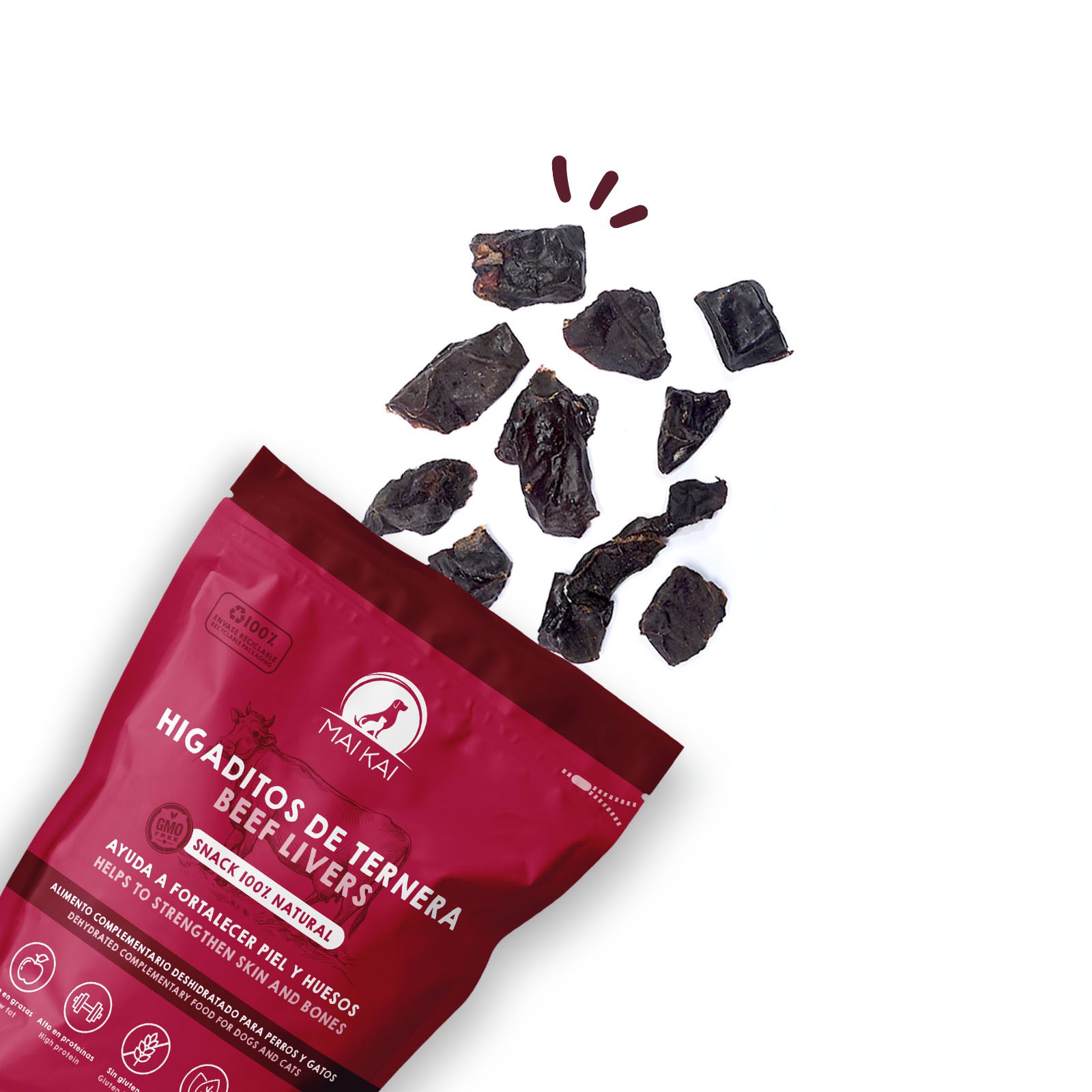 Fígado bovino desidratado. 100g. Petiscos para cães e gatos. 100% Natural. MAIKAI PETS.