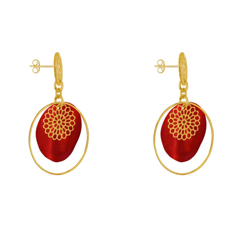 Boucles d'Oreilles Clous Métal Doré Cercle et Pastille de Nacre