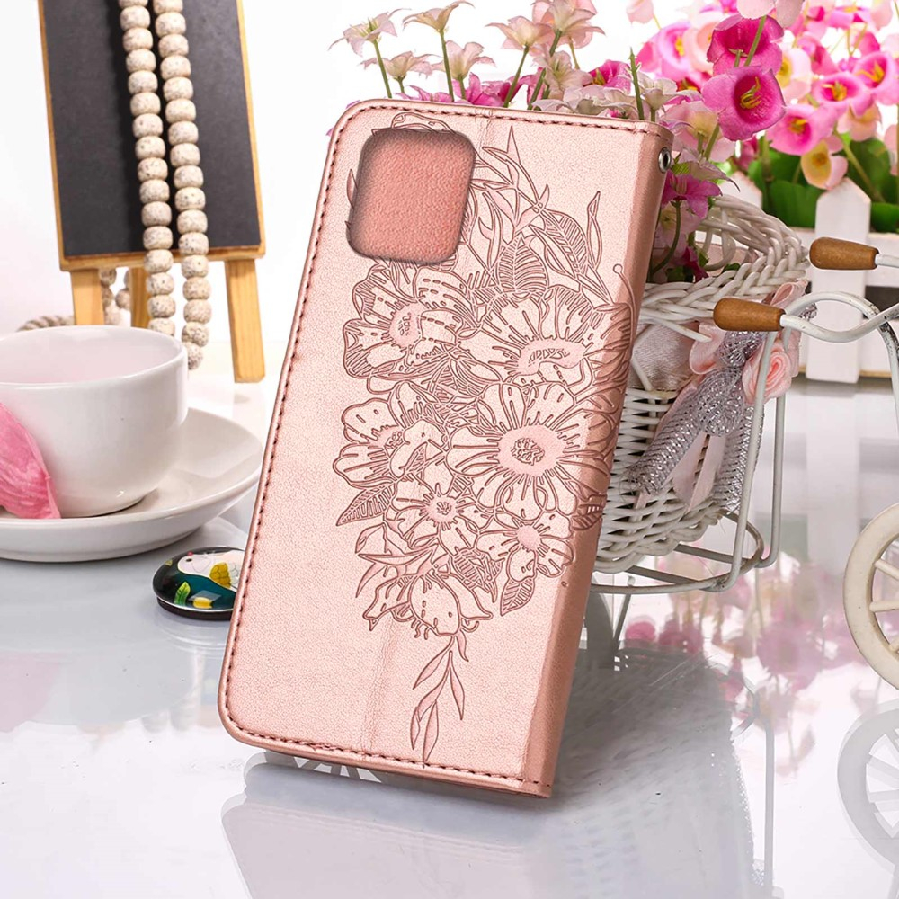 iPhone 13 Pro Leder Tasche mit Kartenfach   Handschlaufe Schmetterling / Blumen - Roségold