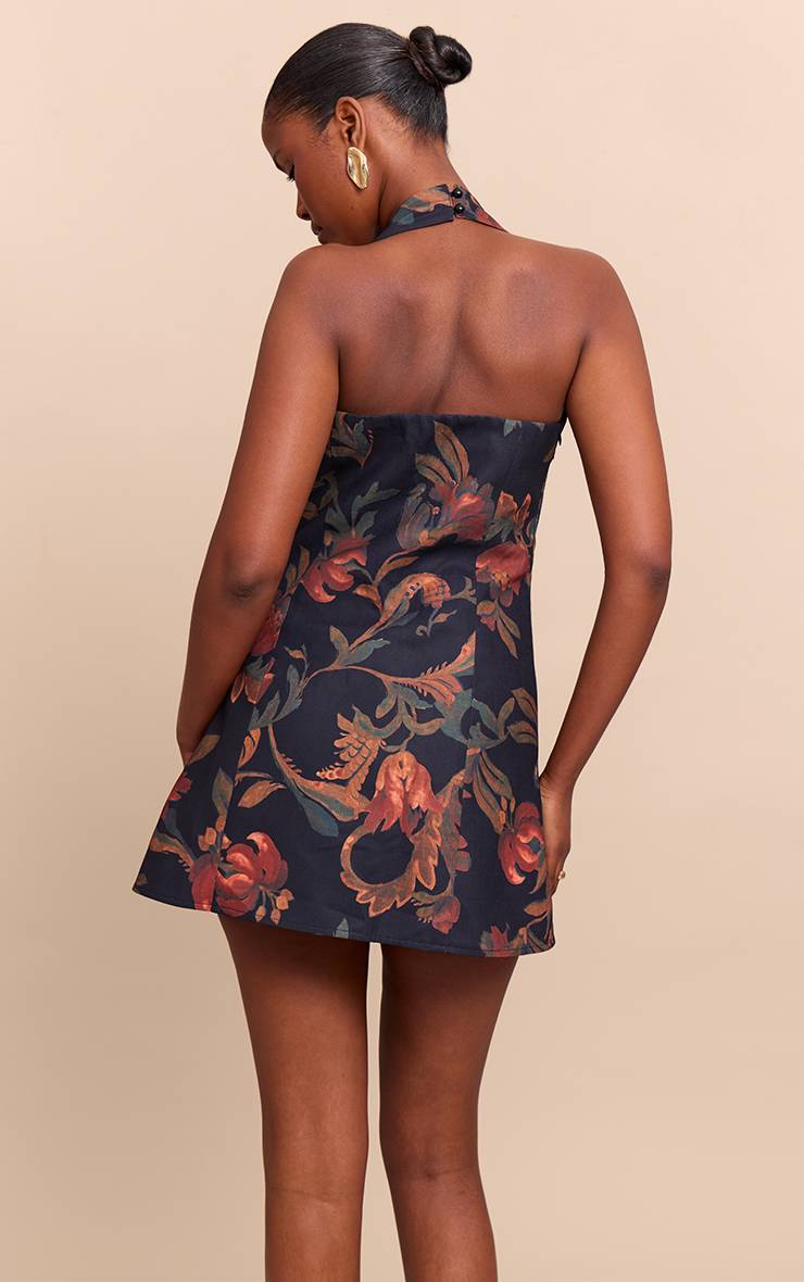 Dark Ochre Robe Trapèze À Encolure Carrée Dos Nu À Imprimé Fleuri