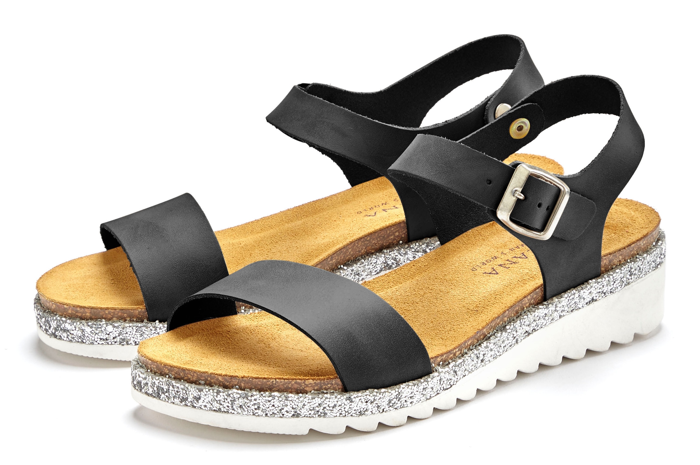 LASCANA Riemchensandalette  Sandale, Sommerschuh aus Leder mit Korkfussbett und leichtem Keilabsatz