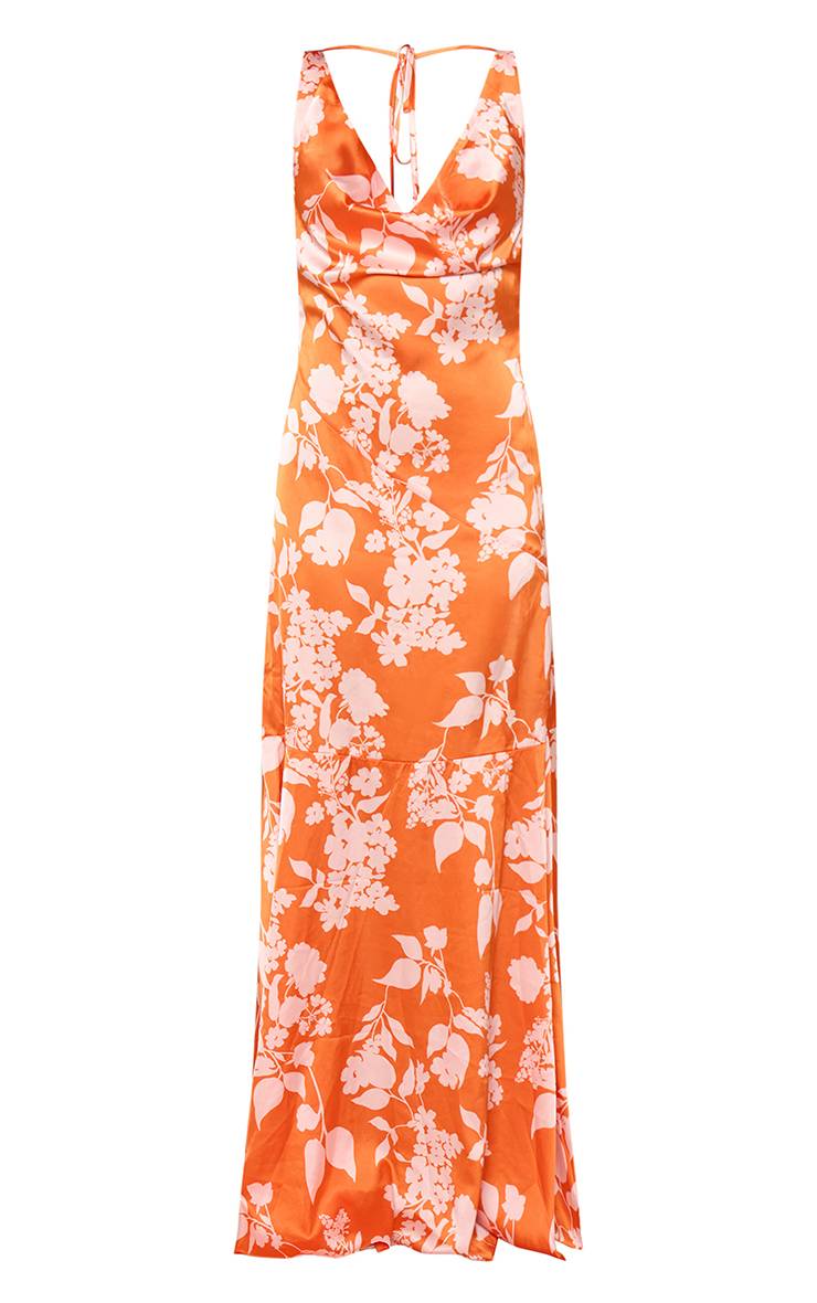 Orange Robe Maxi Sans Manches Imprimée À Col Bénitier