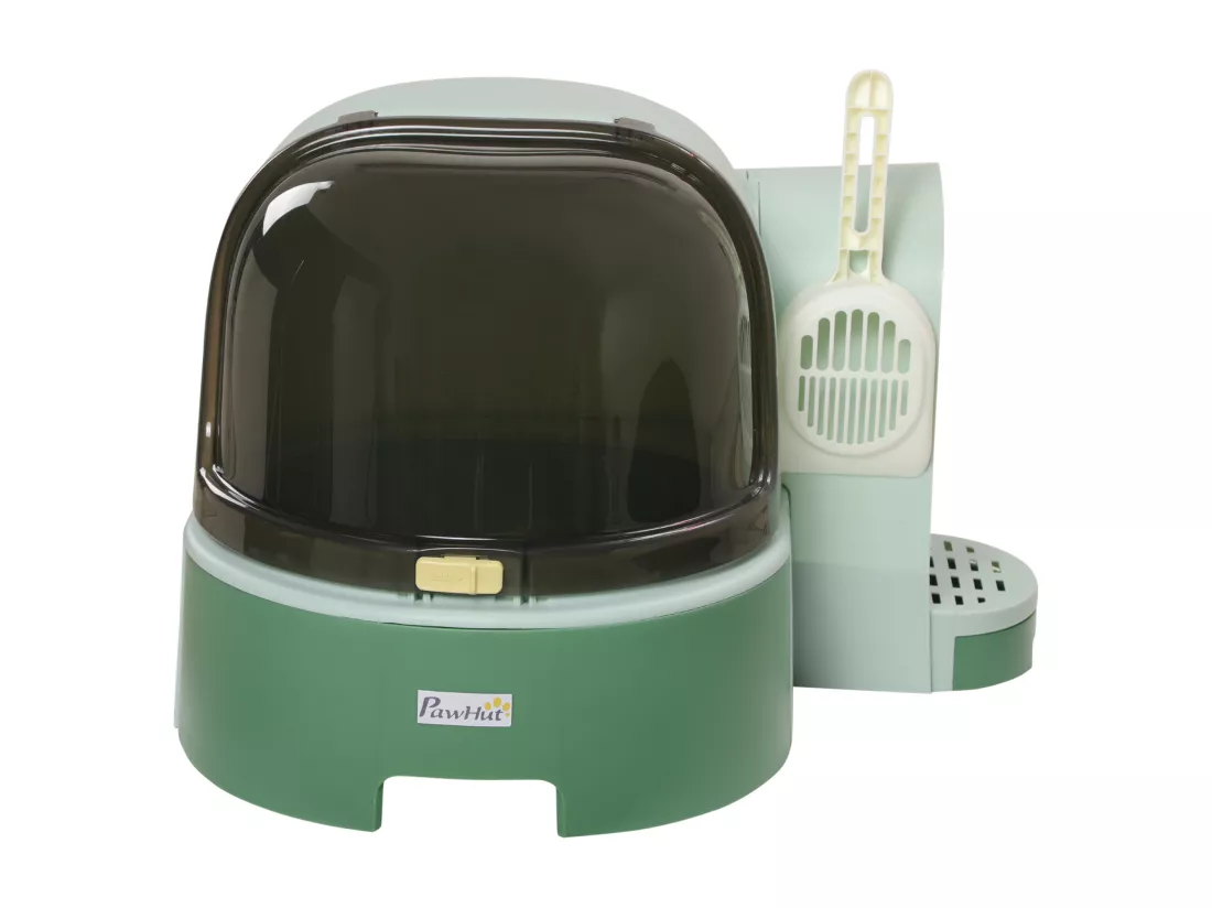 Maison de toilette litière pour chat design capsule spatiale - porte, capot ouvrant, pelle, 2 tiroirs amovibles - vert noir
