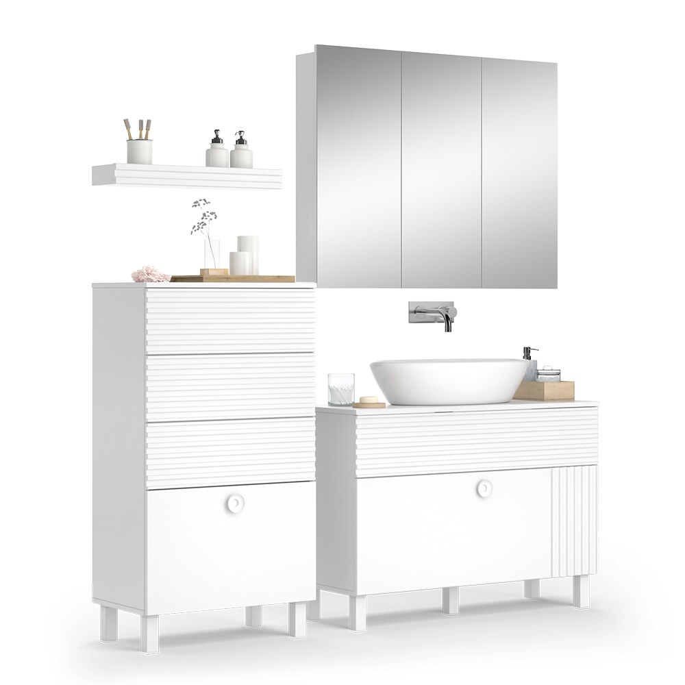 Vicco Badmöbel-Set Sola Weiß matt, moderne Serie, Badezimmer, dekorative Front Waschtischunterschrank Spiegelschrank Midischrank