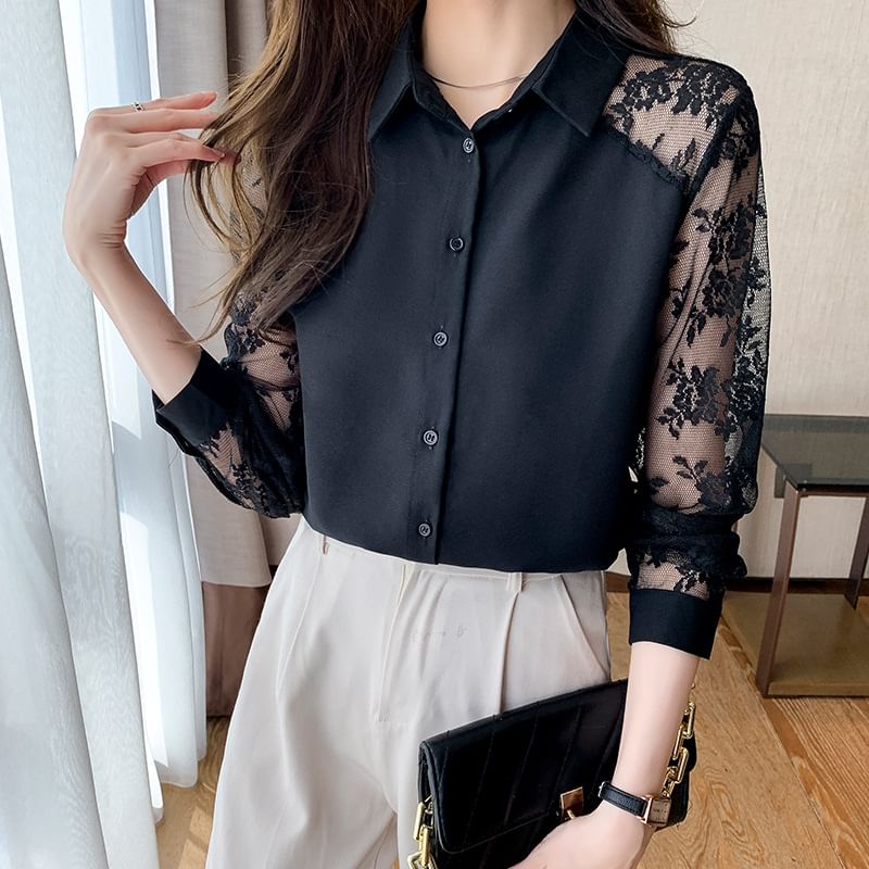 Coline - Shirt met lange mouwen en bloemenkant