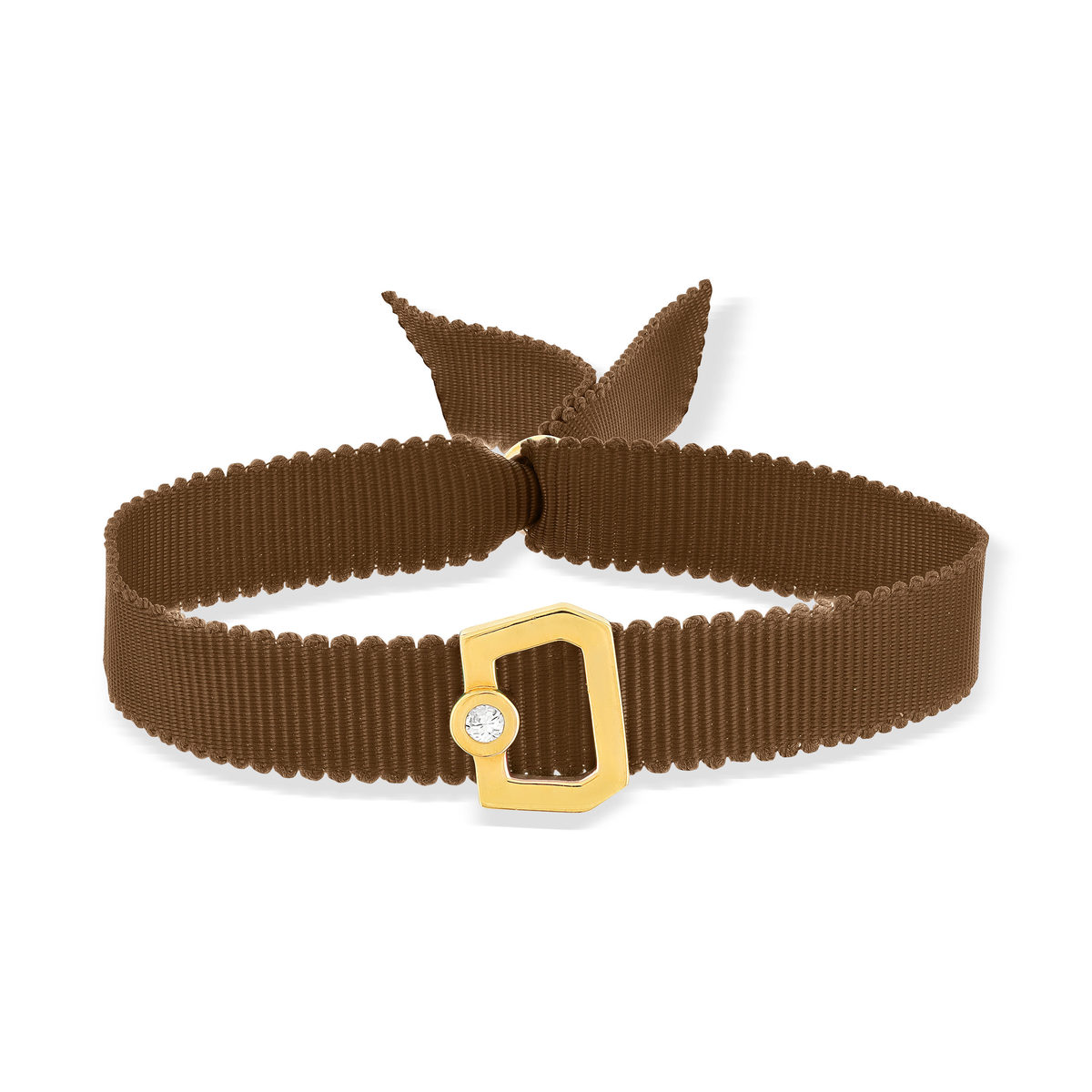 Bracelet boucle or recyclé 750 jaune diamant ruban chocolat 21cm