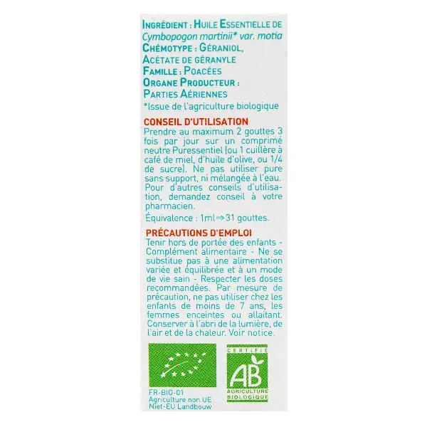 Óleo Essencial de Palmarosa Orgânico Puressentiel 10ml