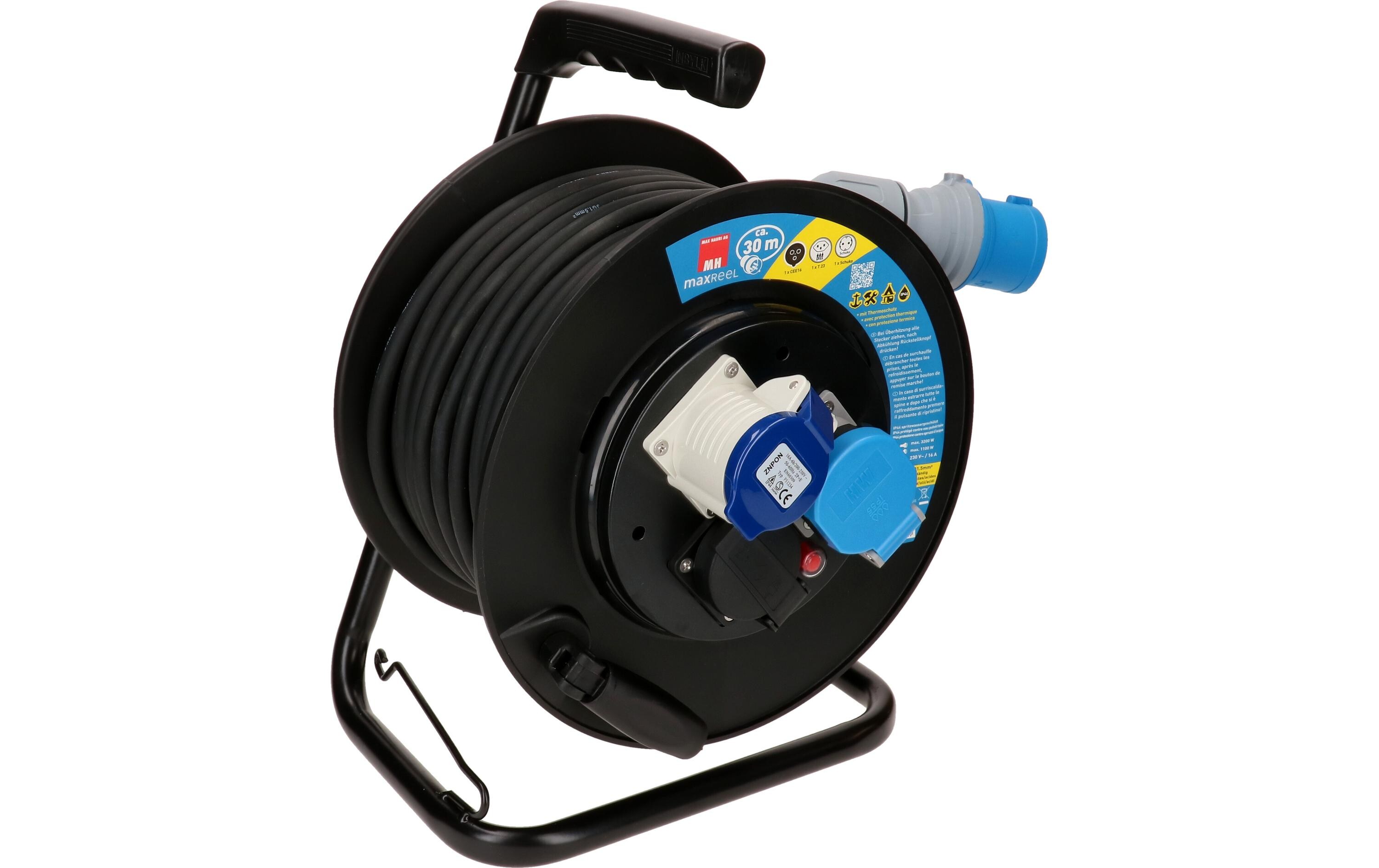 Kabelrolle 30 m, 1x T23, 1x CEE16/3, 1x Schuko, Schwarz<br>30 m Kabeltrommel mit Metallrahmen für den Aussenbereich