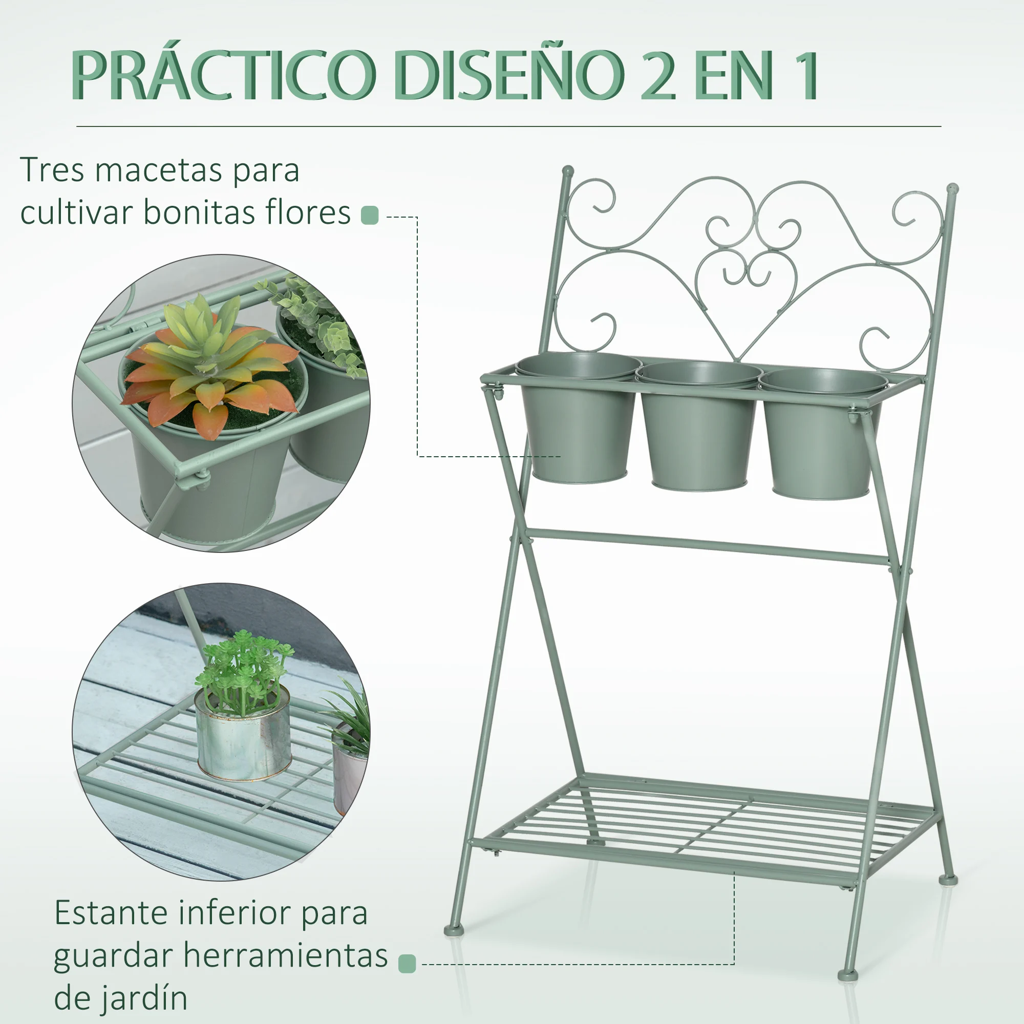 Suporte dobrável de metal para plantas Outsunny com 3 vasos de flores inclusos e prateleira inferior, suporte decorativo para vasos de flores para uso interno e externo, 47x37x78,5 cm, verde