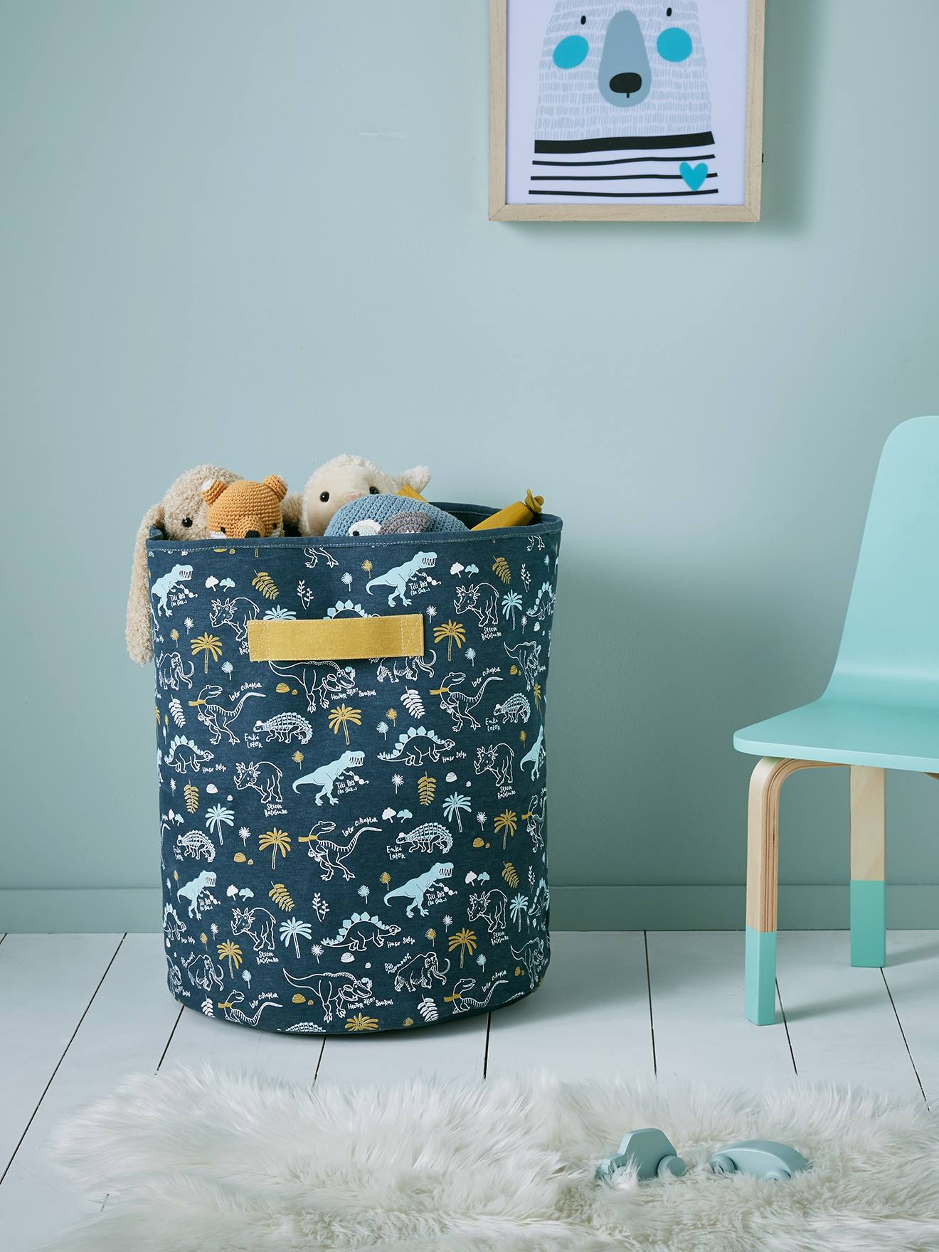 Cesto de armazenamento XL Dinorama azul escuro liso com motivos