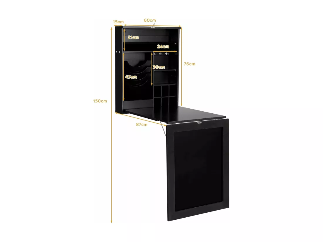 Bureau Mural Rabattable, Table Murale Pliable avec Compartiments Intégrés et Plateau Inscriptible, 87 x 60 x 150 CM Noir