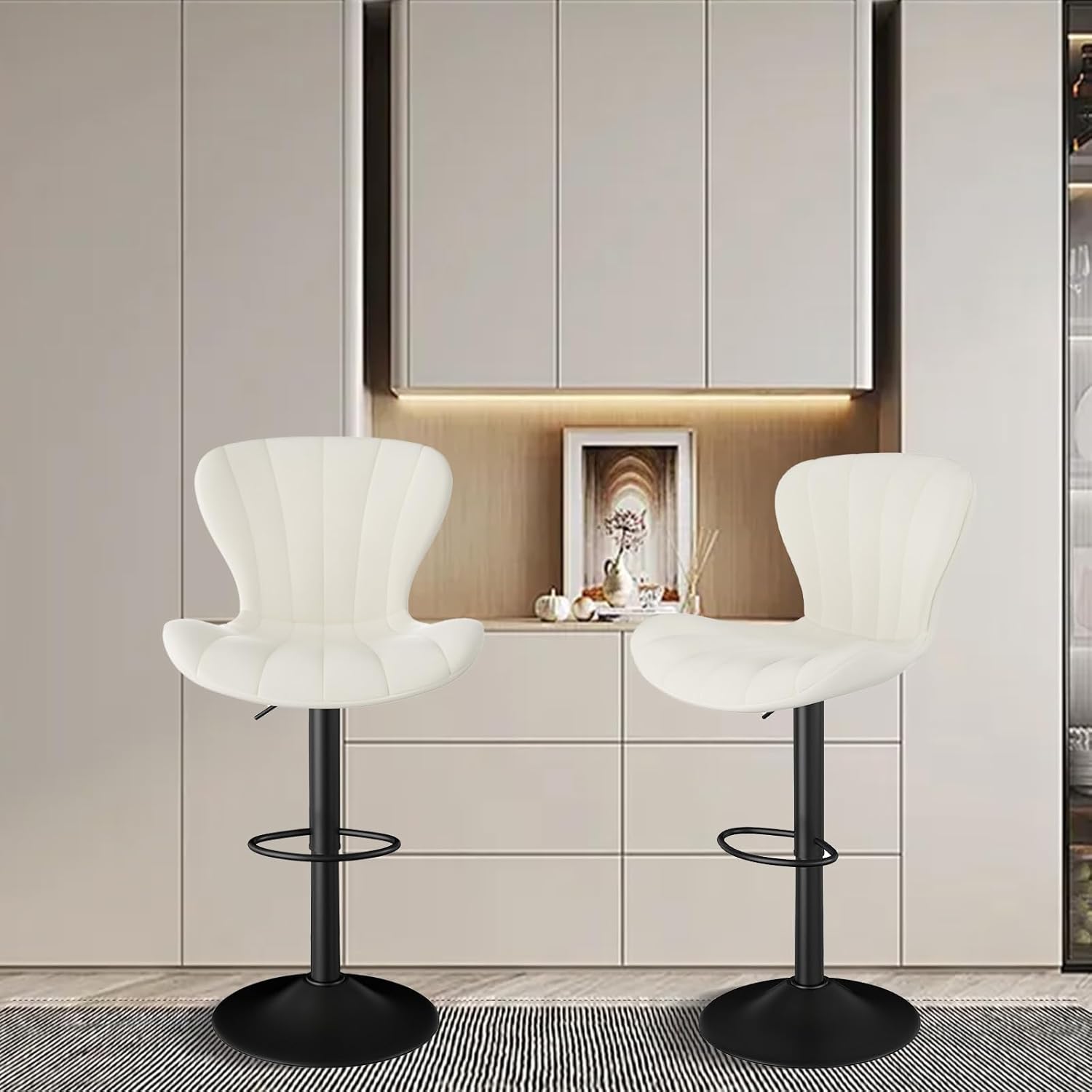 Barhocker 2er Set Höhenverstellbar Barstühle 360° Drehstuhl mit Rückenlehne Küchenstühle mit Fußstütze PU-Leder für die Küche/Wohnzimmer/Bar/Esszimmer Weiß