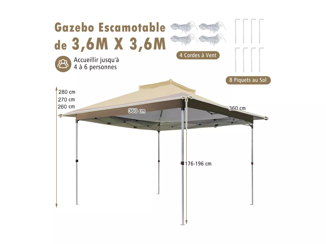 Tonnelle de Jardin Instantanée Double Toit 360X360CM, Tente Réception avec Dessus Ventilé Sac de Transport à roulettes, Tonnelle à Ouverture pour Fête Camping BBQ, Kaki