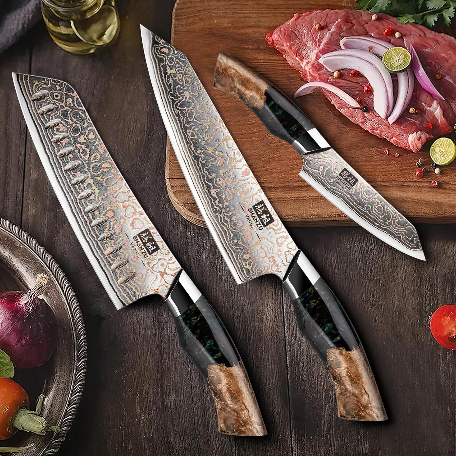 SHAN ZU Damast Küchenmesser Set 3-tlg, 33-Schichten Damaststahl & Kupfer Japanisches Kochmesser Set, Rasiermesserscharfe 12°-Klinge mit Ahornholzgriff Inklusive Koch-, Santoku- und Schälmesse