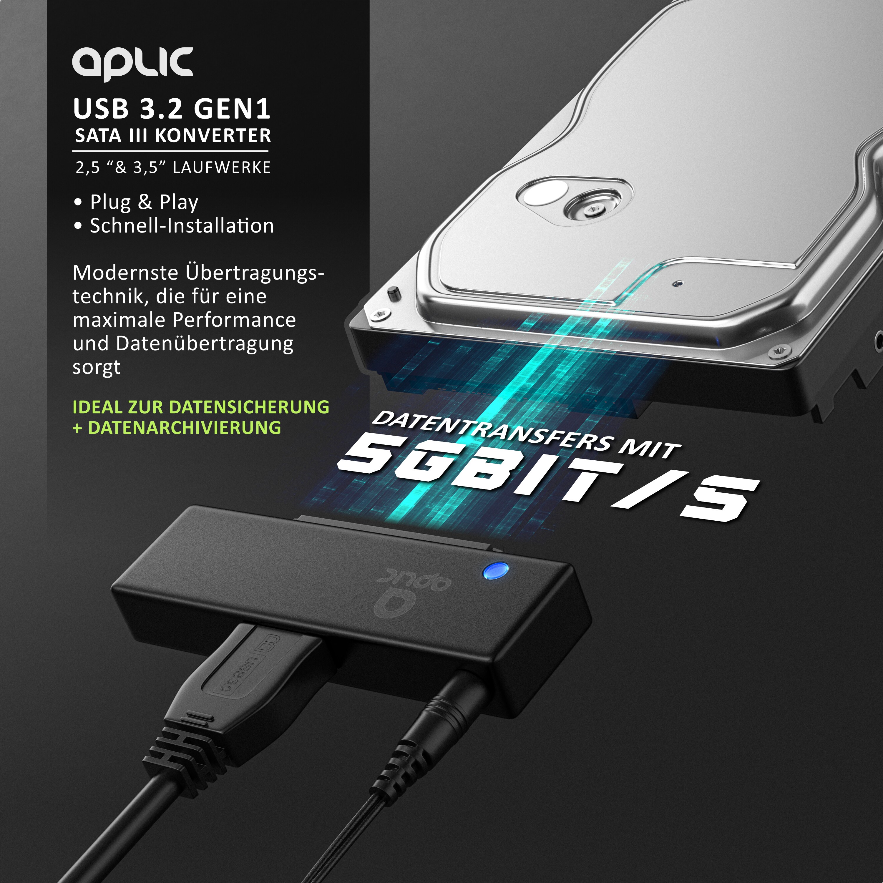 Aplic USB 3.0 zu SATA Konverter Kabel inkl. Netzteil - SATA 1/2/3 Festplatten & Laufwerke - UASP