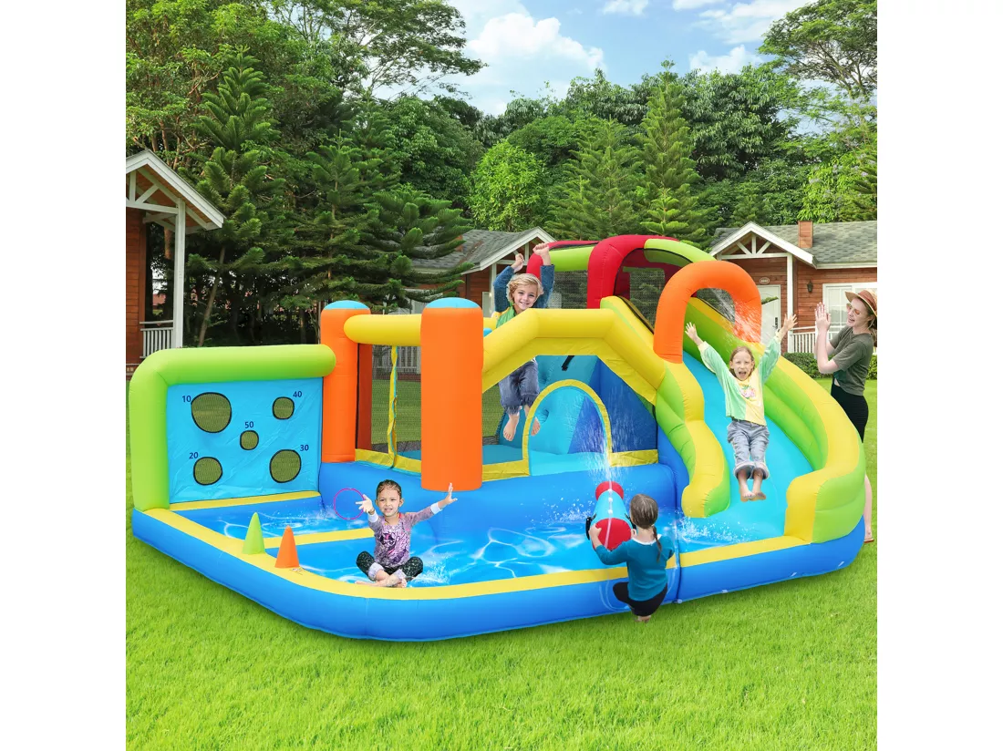 Château gonflable parc aquatique 7 en 1 pour enfants - 410 x 315 x 203cm - en oxford - avec souffleur - bleu