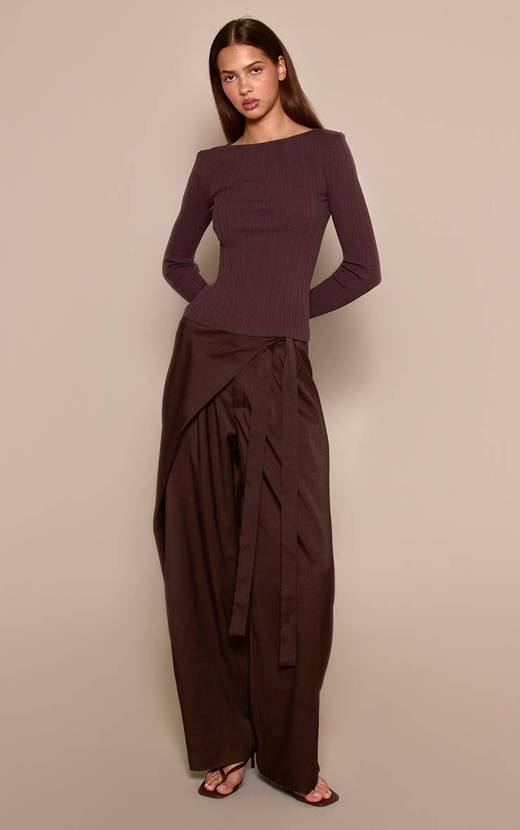 Chocolat Pantalon Droit Tissé À Nouer Avec Ceinture Enveloppante