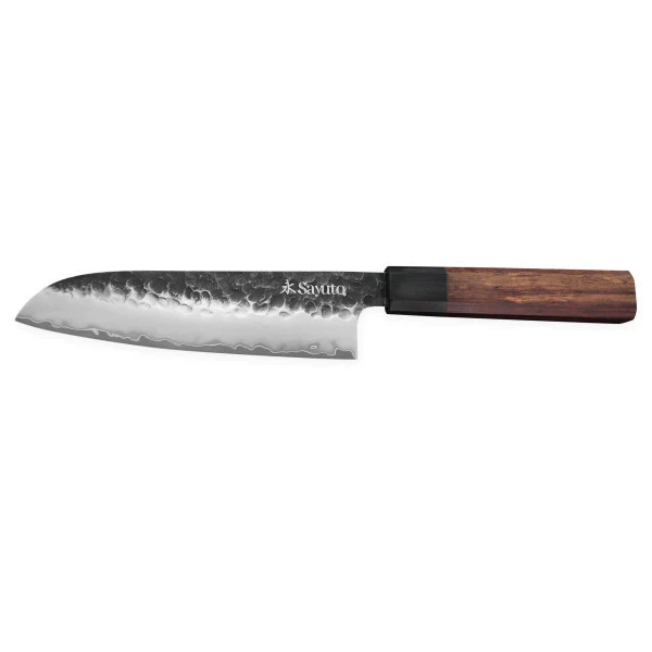 Couteau Sayuto Sequoia San Mai modèle santoku 18cm brute de forge Sayu