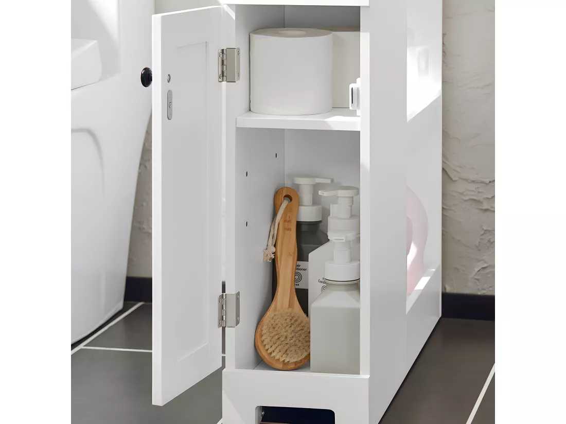SoBuy BZR106-W Meuble de Rangement Salle de Bain Étroit sur Roulettes, Support Papier Toilette, Armoire Toilettes WC 1 tiroir, 1 porte et 3 étagères