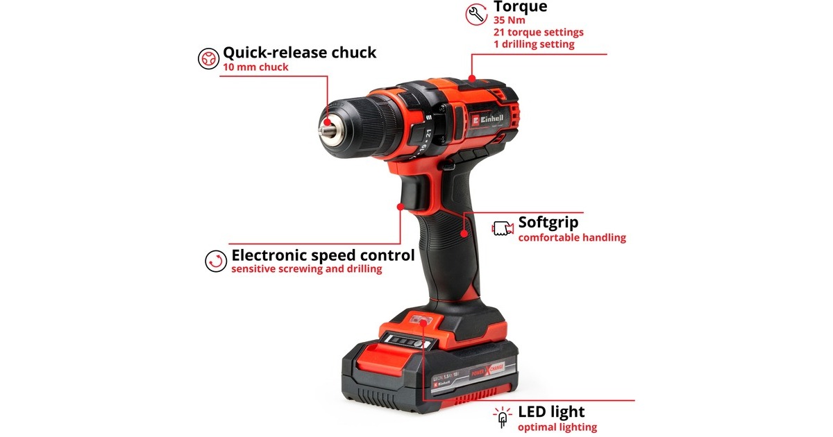 EINHELLAccu schroefboor TC-CD 18/35 Li Kit 1.5 Ah schroeftol  (Rood/zwart)