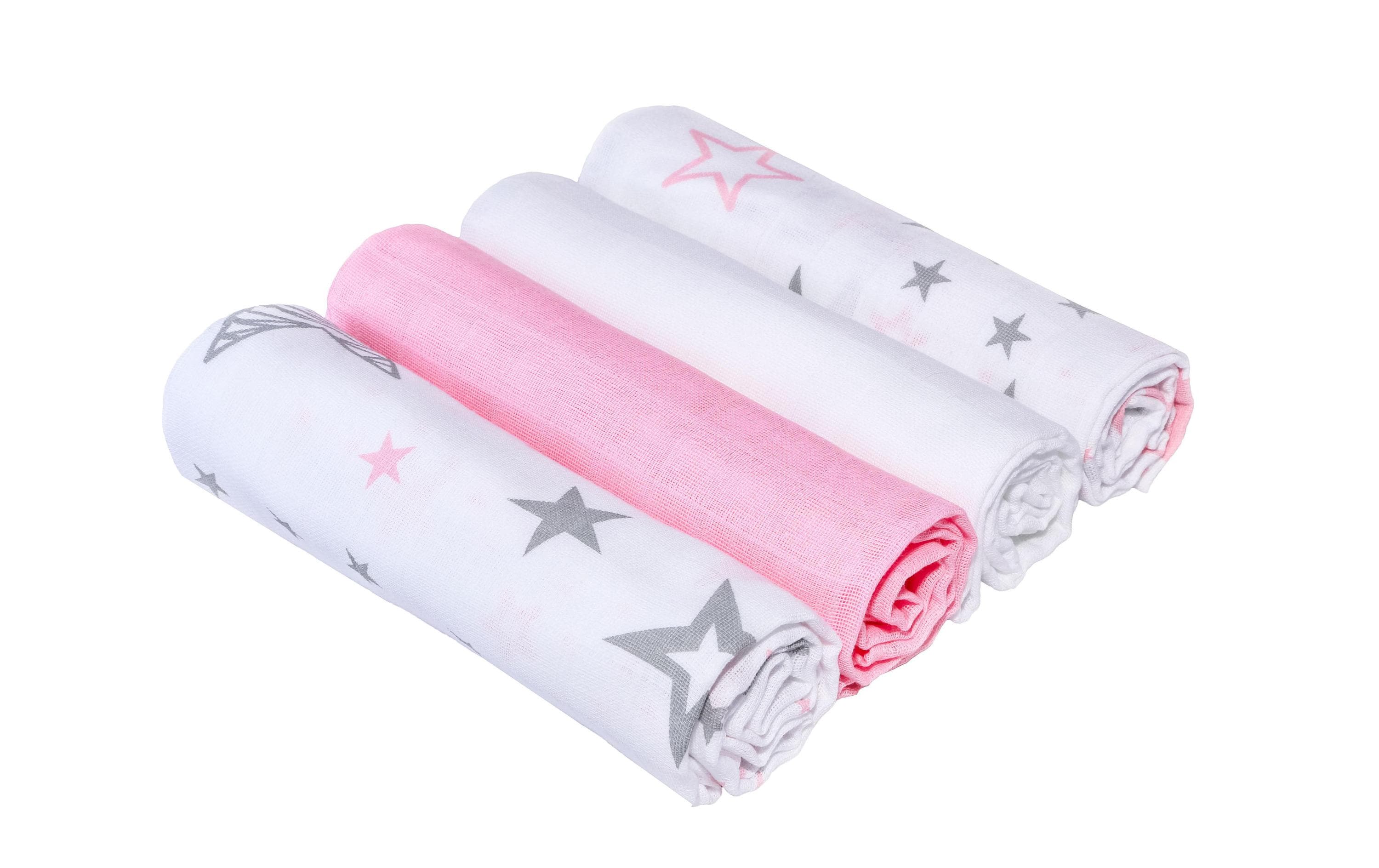 Mulltuch 4-er Set 80 x 80 cm Pink und Weiss SterneMulltücher 80 x 80 cm Pink / Weiss