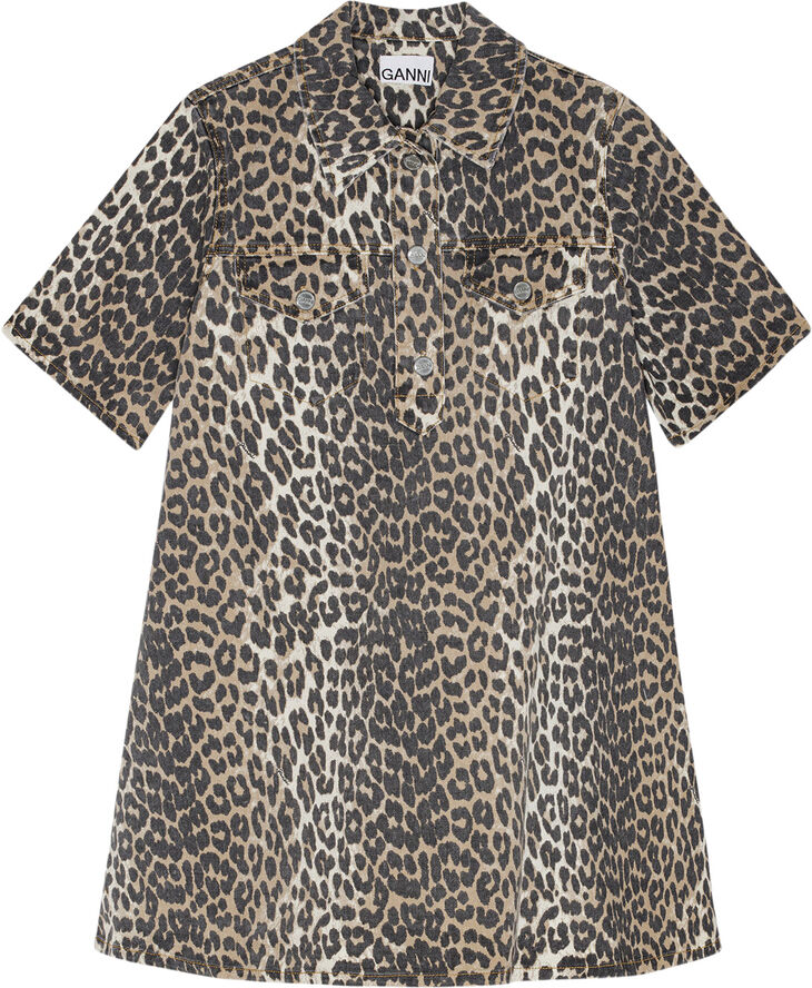 Ganni Print Denim Mini Dress Leopard