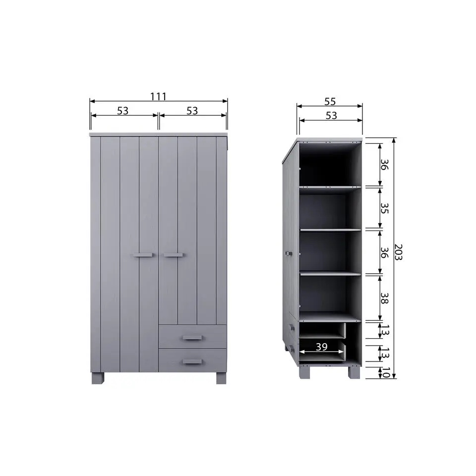 WOOOD Dennis Kast Met Laden - Grenen - Betongrijs - 202x111x55