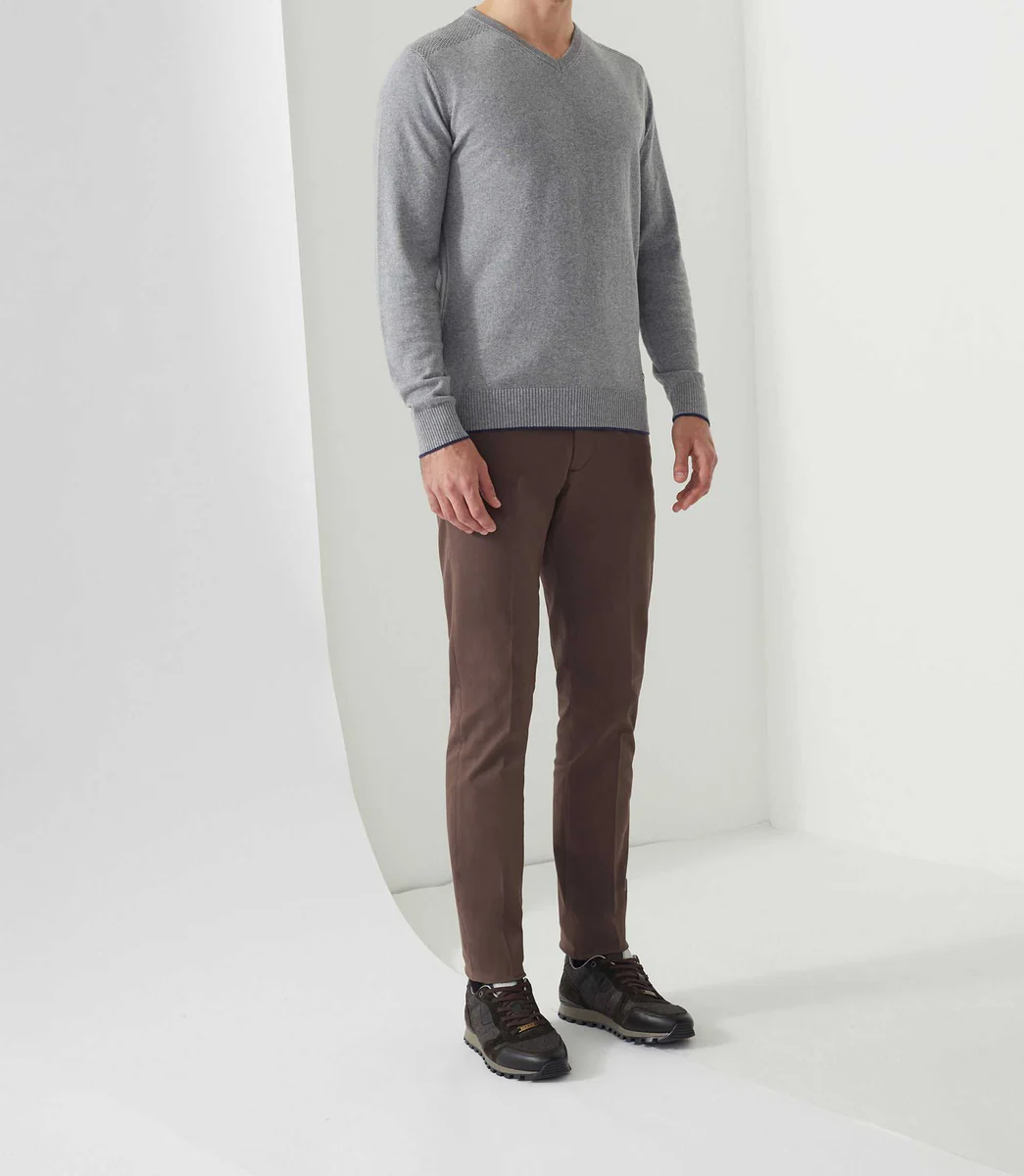 Pull col V coton-cachemire gris chiné 