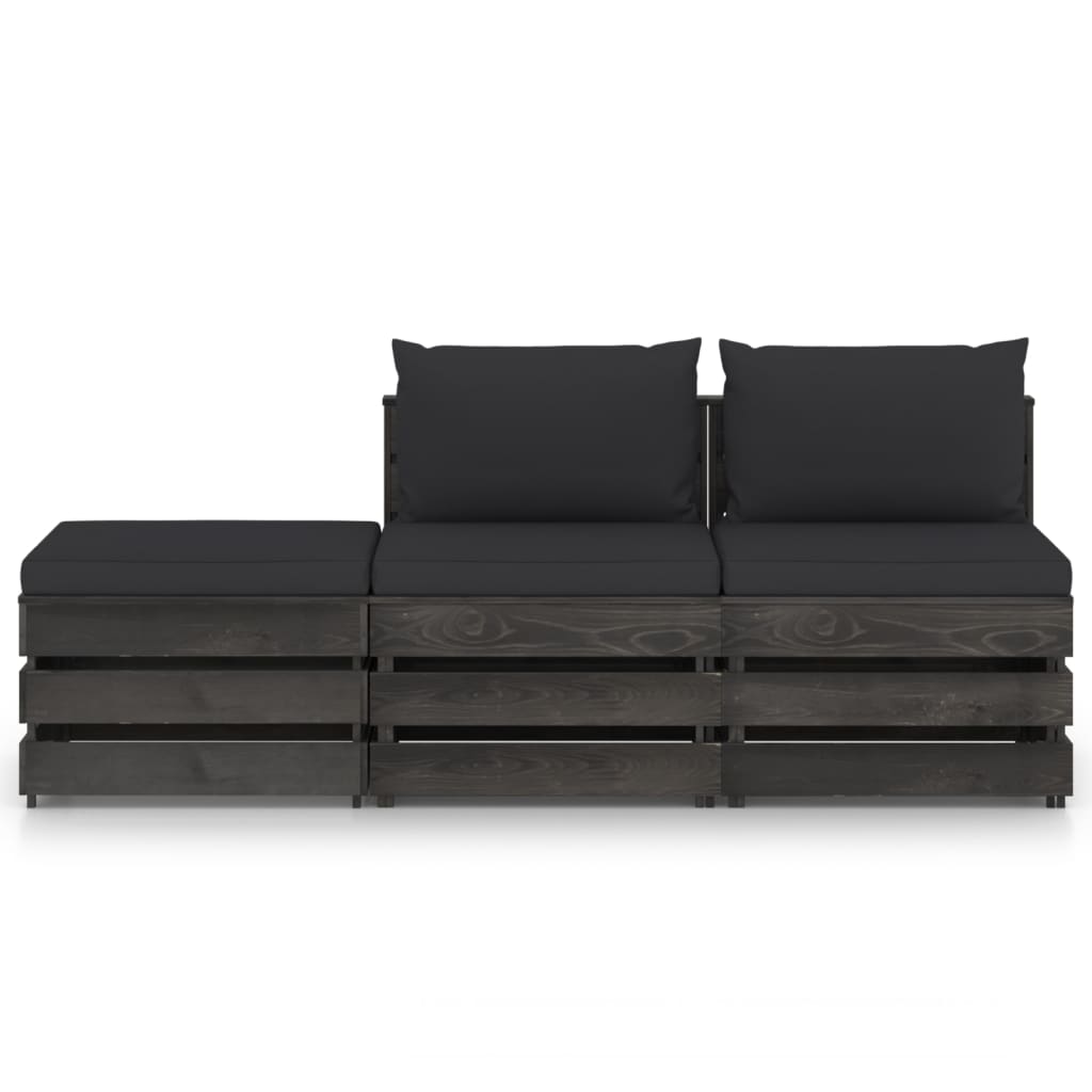 Salon de jardin meuble d'extérieur ensemble de mobilier 3 pièces avec coussins bois imprégné de gris