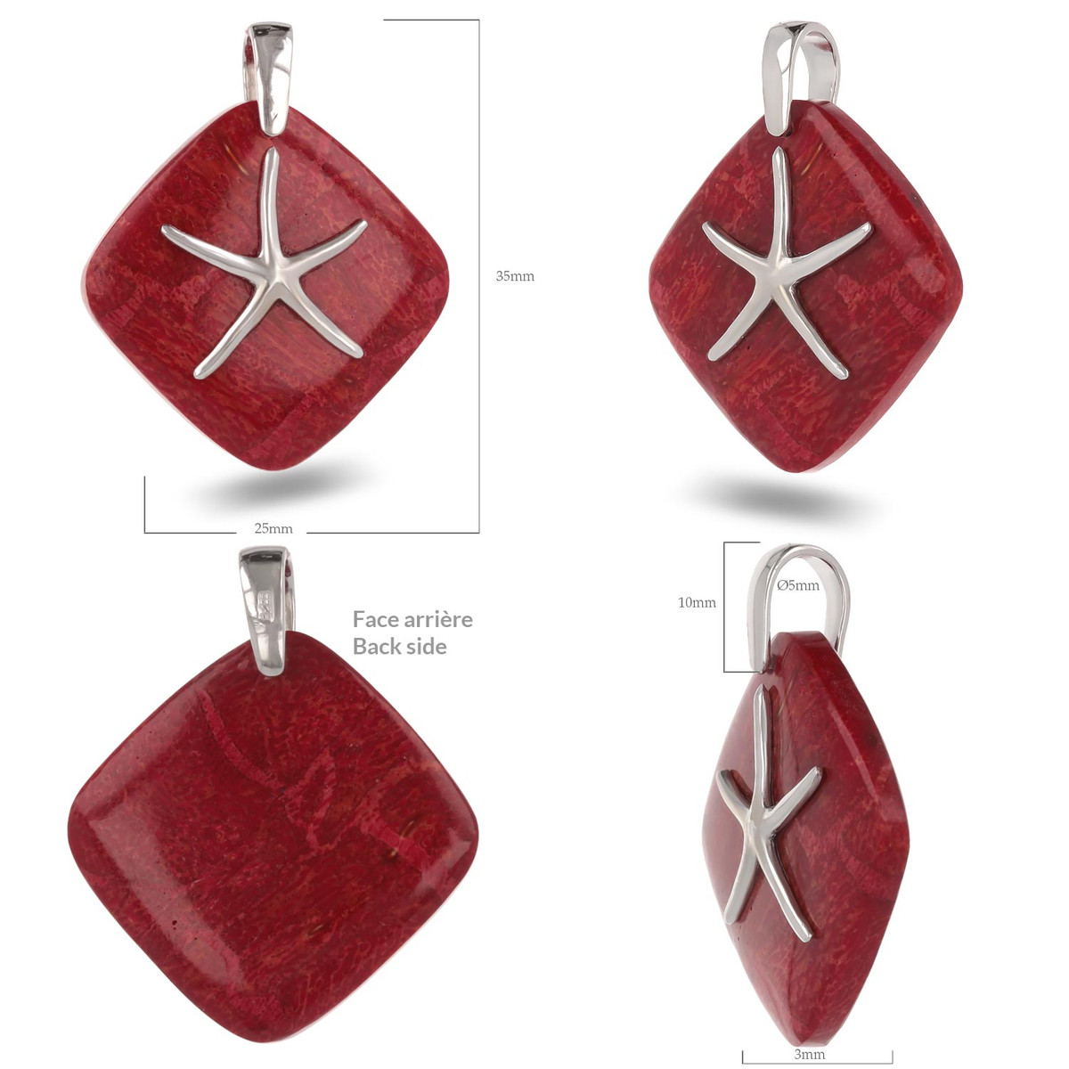 Pendentif Etoile de Mer corail rouge et argent 925-Millième rhodié
