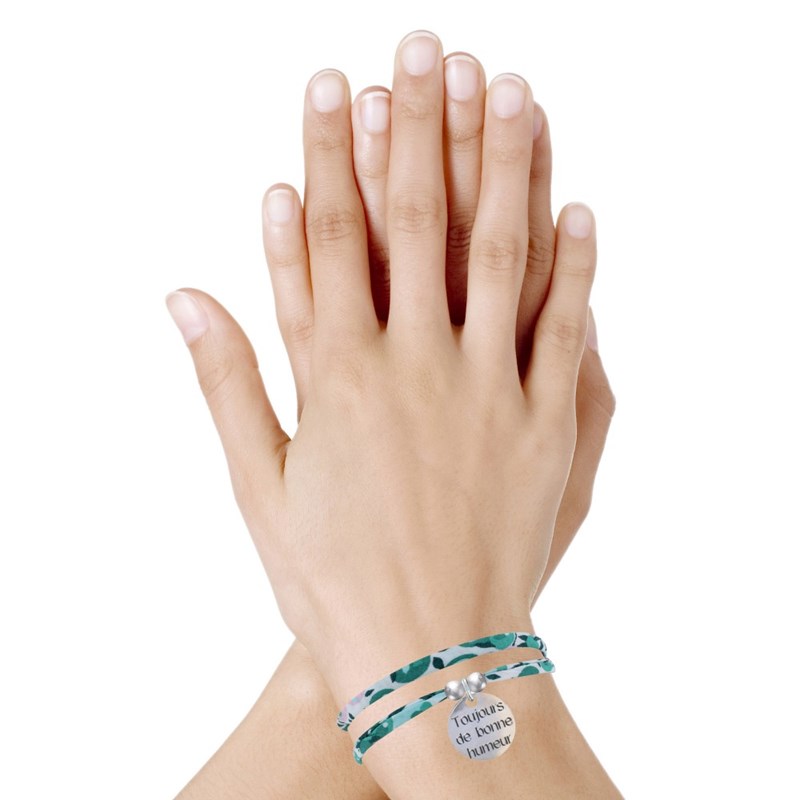 Bracelet Double Tour Lien Liberty et Médaille Toujours de Bonne Humeur Argent - Vert
