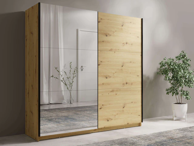 Home affaire Schwebetürenschrank »Kleiderschrank Fresno mit 5 Einlegeböden, Spiegel und Kleiderstange« Garderobe mit 2 Schwebetüren, B/H/T 150/207/62 cm