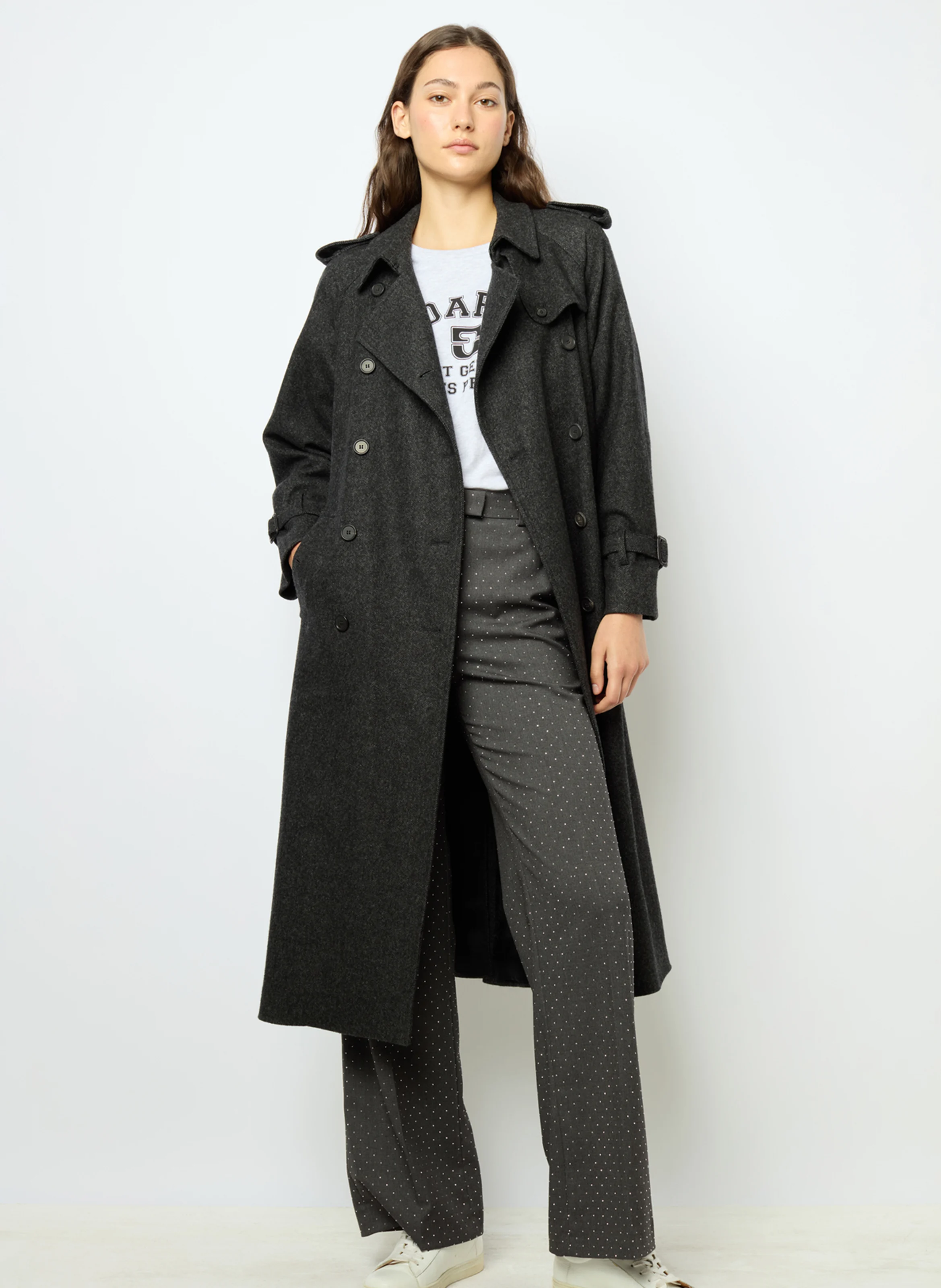 SERGE - Trench droit col tailleur en laine mélangée | Gris