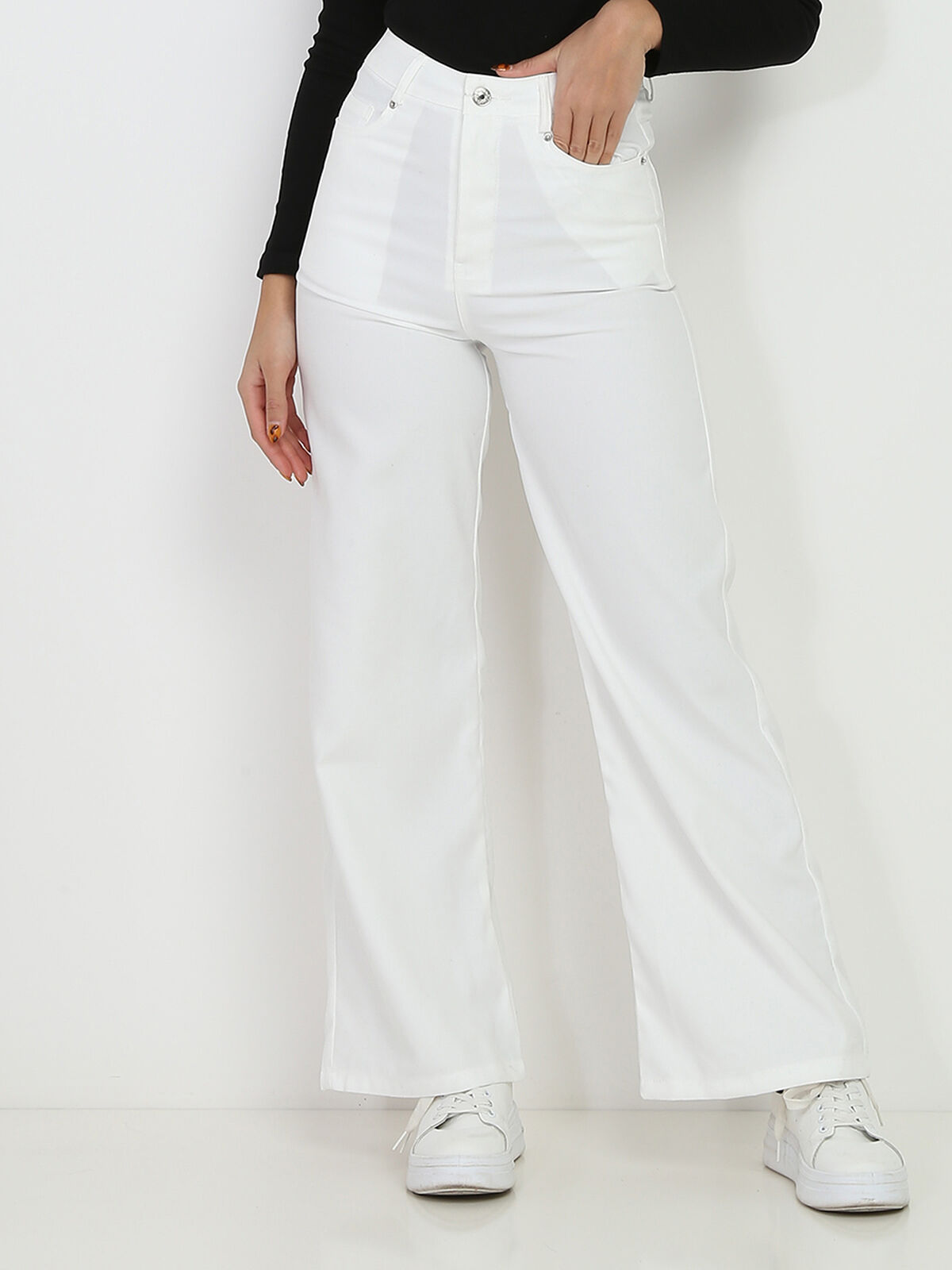 Pantalon large à taille haute- Blanc
