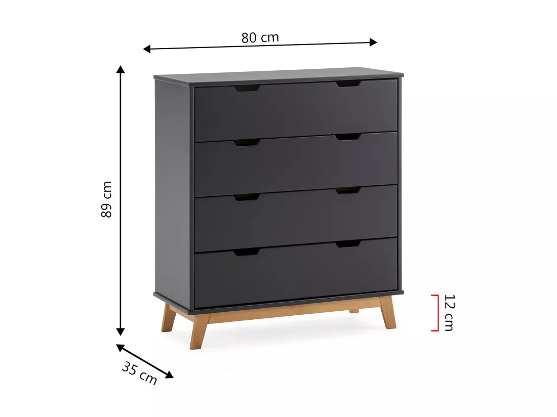 Commode Miranda avec 4 tirois en Couleur Anthracite, Pieds en Bois Naturel