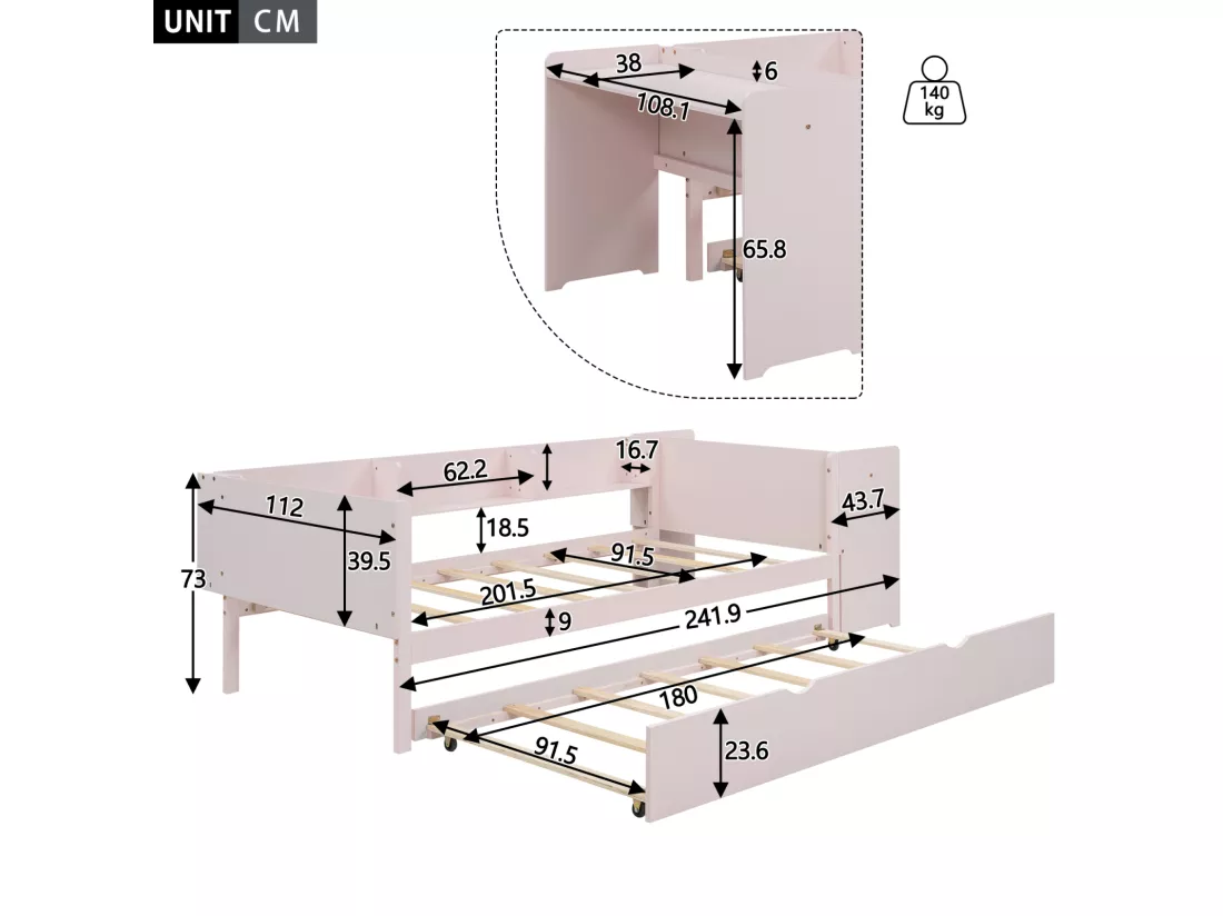 Lit gigogne 90x200cm+90x180cm, avec petit bureau, trois étagères sur le côté du lit, rose